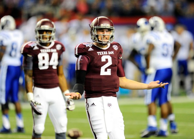 Texas A&M Aggies quarterback Johnny Manziel reacts to the sideline against the Duke Blue Devils in the 2013 Chick-fil-a Bowl at the Georgia Dome. (Dale Zanine - USA TODAY Sports)