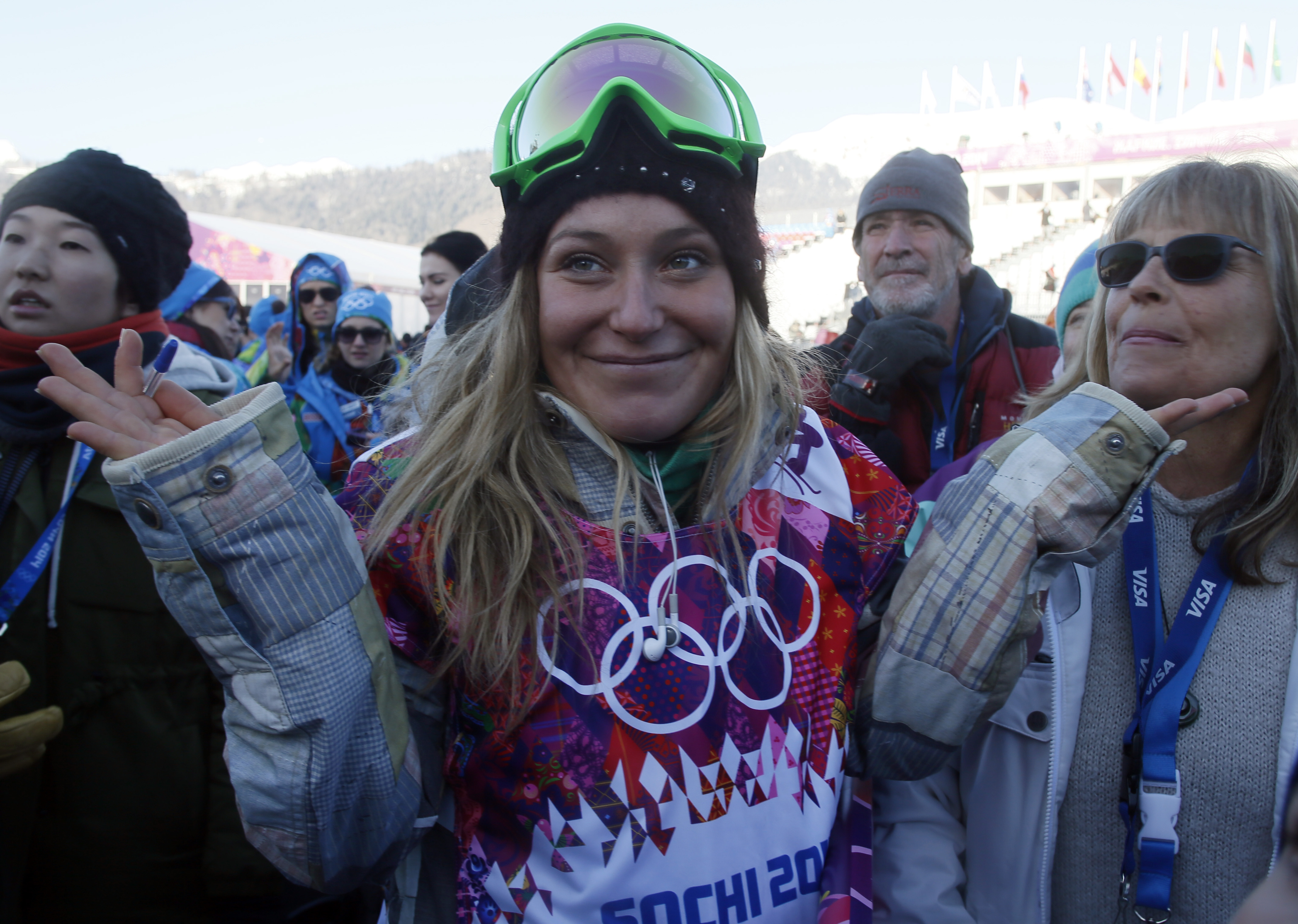Jamie Anderson after ladies slopestyle qualification in the Sochi 2014 Olympic Winter Games at Rosa Khutor Extreme Park. (Nathan Bilow, USA TODAY Sports)