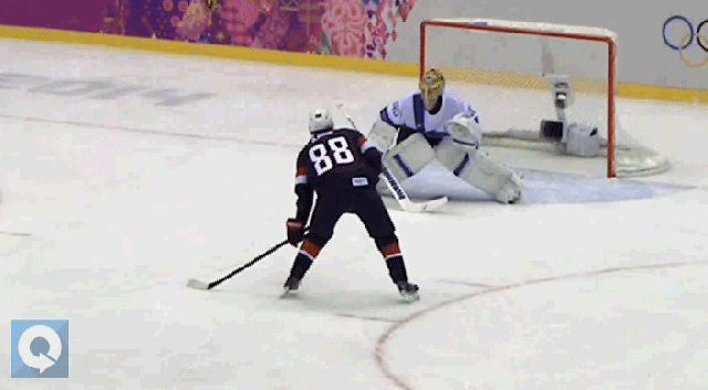 Patrick Kane sends his penalty shot off the post. Finland still leads 2-0. 