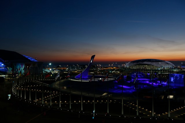 A general view of the Olympic Park and Olympic cauldron before the opening ceremony for the Sochi 2014 Olympic Winter Games at Fisht Olympic Stadium.(Jeff Swinger, USA TODAY Sports)