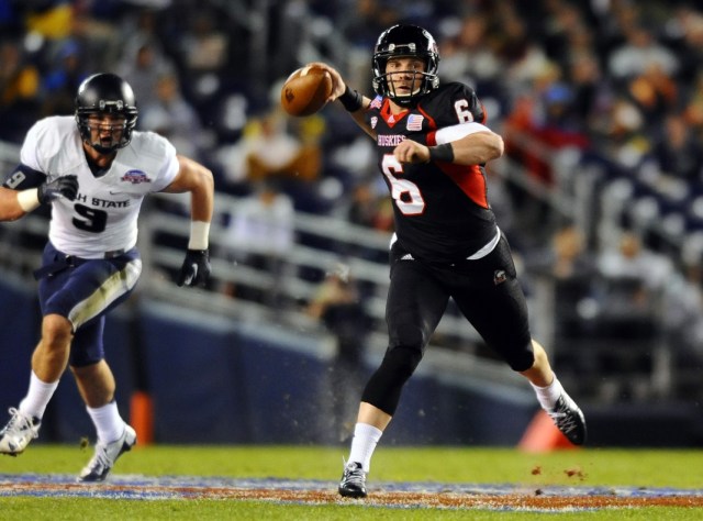 Northern Illinois Huskies quarterback Jordan Lynch (6) passes the ball in the first half against the Utah State Aggies during the 2013 Poinsettia Bowl. (Christopher Hanewinckel-USA TODAY Sports)