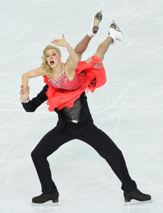 Ekaterina Bobrova and Dmitri Soloviev of Russia perform in the team ice dance short dance program during the Sochi 2014 Olympic Winter Games at Iceberg Skating Palace. Mandatory Credit: Richard Mackson-USA TODAY Sports