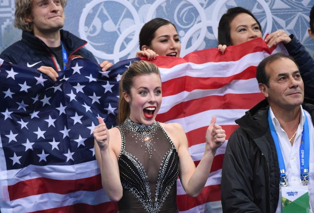 Ashley Wagner of USA celebrates her scores after the figure skating team ladies short program at the Sochi 2014 Olympic Winter Games at Iceberg Skating Palace. Mandatory Credit: Robert Deutsch-USA TODAY Sports