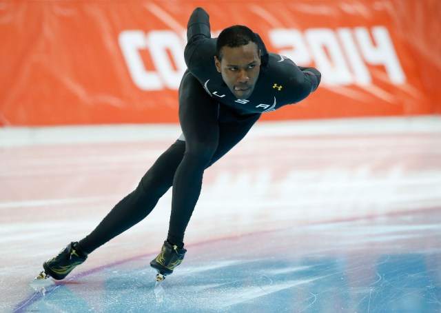 Shani Davis during warmups for the men's speed skating 500m race during the Sochi 2014 Olympic Winter Games at Adler Arena Skating Center. Mandatory Credit: Jeff Swinger-USA TODAY Sports