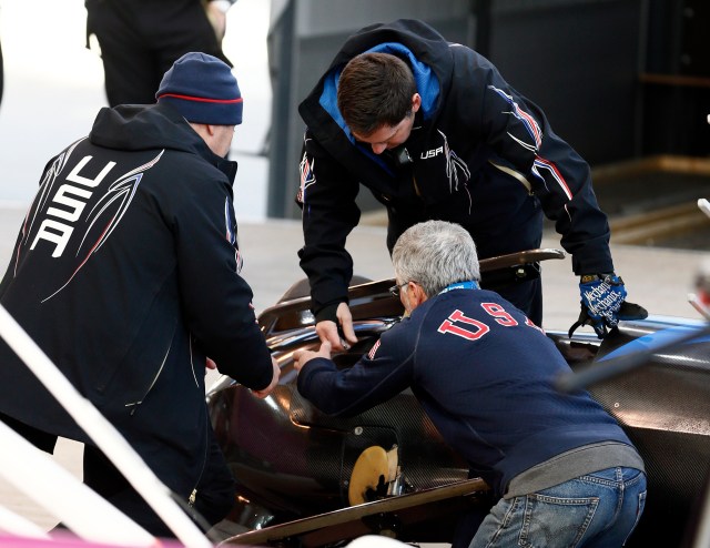 The damaged bobsled of Elana Meyers and Lauryn Williams. (Rob Schumacher-USA TODAY Sports)