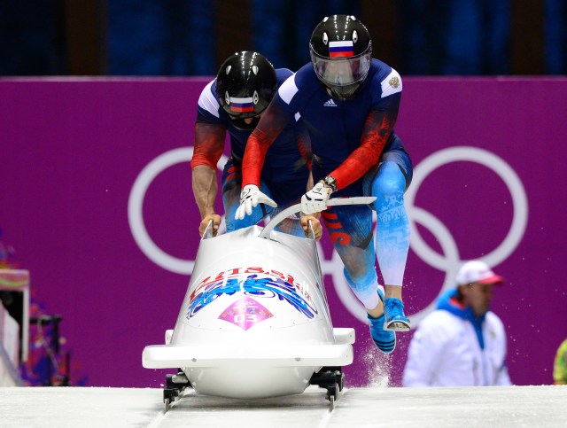 Russian team piloted by Alexander Zubkov with Alexey Voevoda compete in two-man bobsleigh during the Sochi 2014 Olympic Winter Games at Sanki Sliding Center. (John David Mercer-USA TODAY Sports
