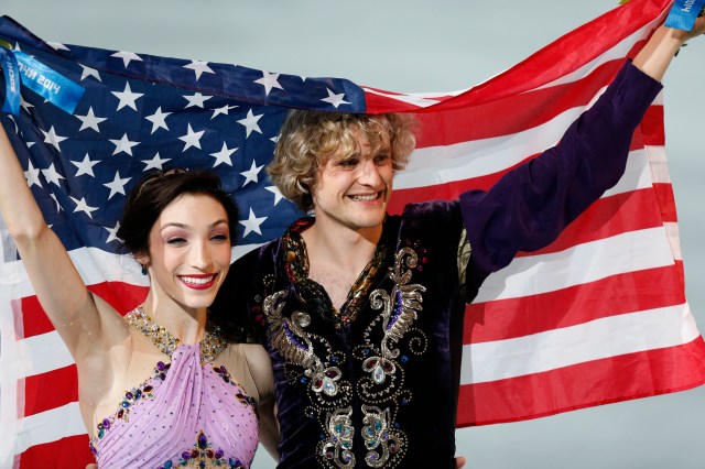 Charlie White and Meryl Davis (USA) celebrate winning the gold medal in ice dance free dance program during the Sochi 2014 Olympic Winter Games at Iceberg Skating Palace.  (Jeff Swinger-USA TODAY Sports)