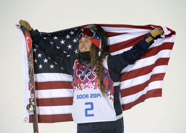 Maddie Bowman celebrates winning gold in the ladies' ski halfpipe final during the Sochi 2014 Olympic Winter Games. (Jack Gruber - USA TODAY Sports)