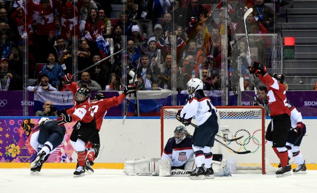 USA goalkeeper Jessie Vetter (middle) reacts after giving up a third period goal to Canada forward Marie-Philip Poulin (29). (Scott Rovak-USA TODAY Sports)