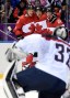 Canada forward Jamie Benn (22) celebrates with forward Corey Perry (24) and defenseman Jay Bouwmeester (19) after scoring a goal past USA goalie Jonathan Quick (32) in the second period in the men's ice hockey semifinals during the Sochi 2014 Olympic Winter Games at Bolshoy Ice Dome. Scott Rovak-USA TODAY Sports.