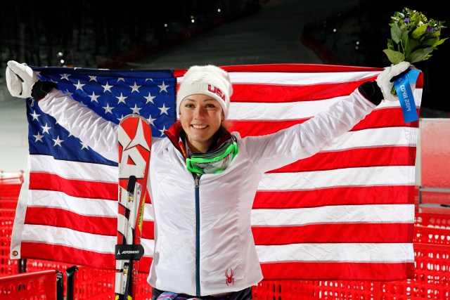 Mikaela Shiffrin (USA) celebrates winning gold in ladies' alpine skiing slalom during the Sochi 2014 Olympic Winter Games at Rosa Khutor Alpine Center. (Nathan Bilow-USA TODAY Sports)