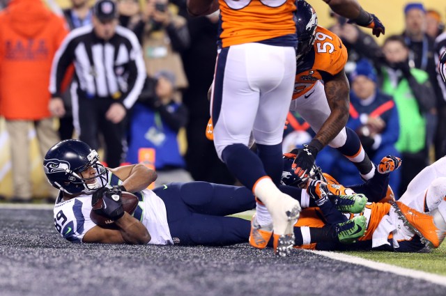 Seattle wide receiver Doug Baldwin scores a touchdown against the Broncos in Super Bowl XLVIII. Baldwin will be a restricted free agent.  (Matthew Emmons, USA TODAY Sports)
