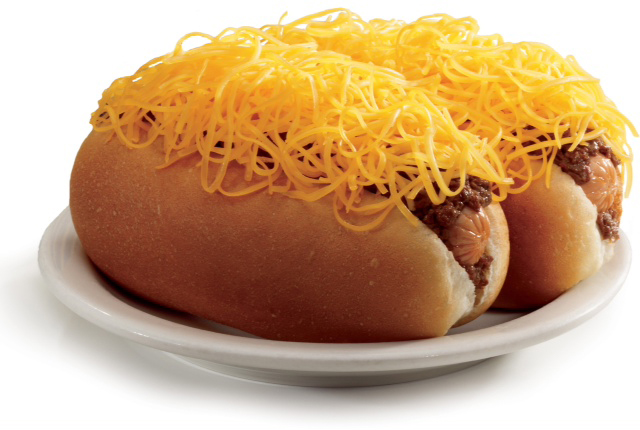 Is that a mound of cheese covering a slathering of cinnamon chili on top of a scrumptious hot dog? Yes, yes it is. (Courtesy of Skyline Chili.)
