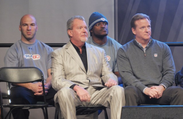 Indianapolis Colts owner Jim Irsay (front row left) and NFL commissioner Roger Goodell (right) during Play 60 Kids Day at the NFL Experience at the Indiana Convention Center. (Kirby Lee/Image of Sport - USA TODAY Sports)