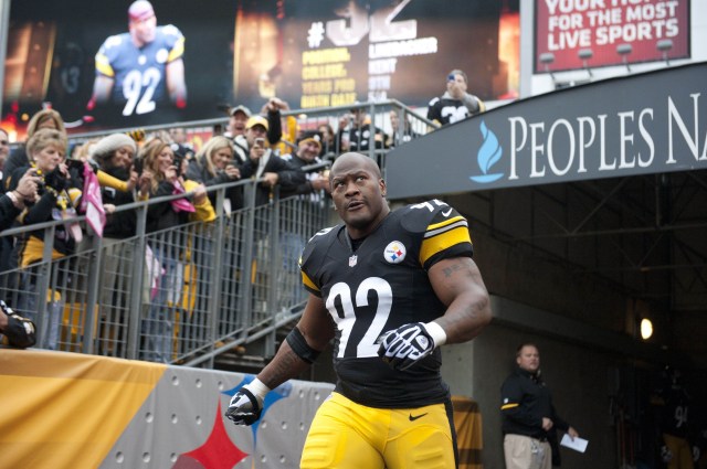 Linebacker James Harrison is introduced to the Pittsburgh crowd prior to their game against the Philadelphia Eagles at Heinz Field. (Vincent Pugliese - USA TODAY Sports)