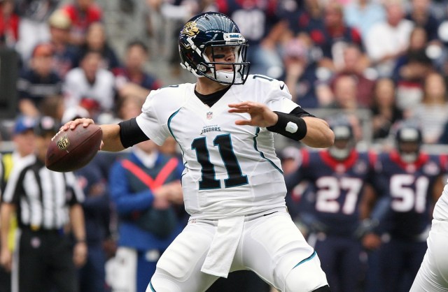 Jacksonville Jaguars quarterback Blaine Gabbert attempts a pass during the first quarter against the Houston Texans at Reliant Stadium. (Troy Taormina - USA TODAY Sports)