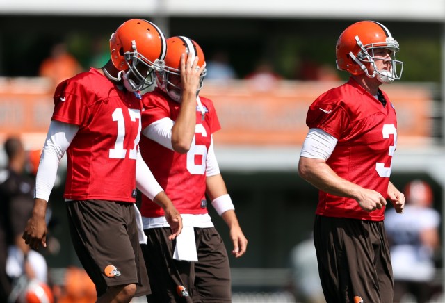 Cleveland Browns quarterback Brandon Weeden (3), quarterback Jason Campbell (17) and quarterback Brian Hoyer (6) during training camp at the Cleveland Browns Training Facility. (Ron Schwane - USA TODAY Sports)
