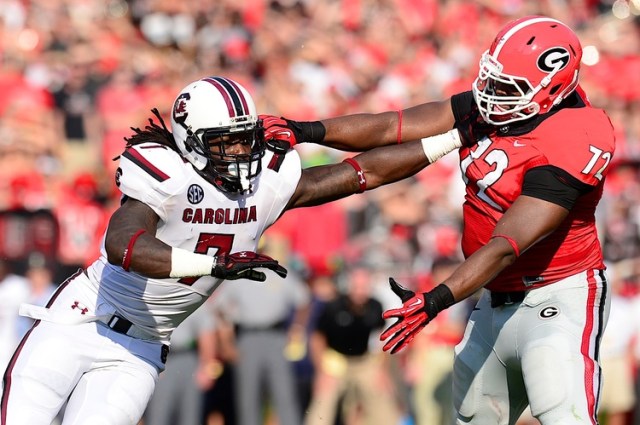 South Carolina Gamecocks defensive end Jadeveon Clowney works against the blocking by Georgia Bulldogs offensive tackle Kenarious Gates at Sanford Stadium. (Dale Zanine - USA TODAY Sports)