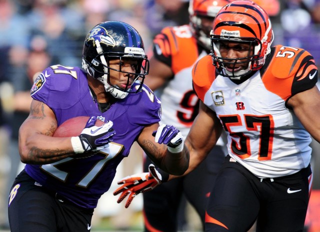 Cincinnati Bengals linebacker chases after Baltimore Ravens running back Ray Rice at M&T Bank Stadium. (Evan Habeeb - USA TODAY Sports)