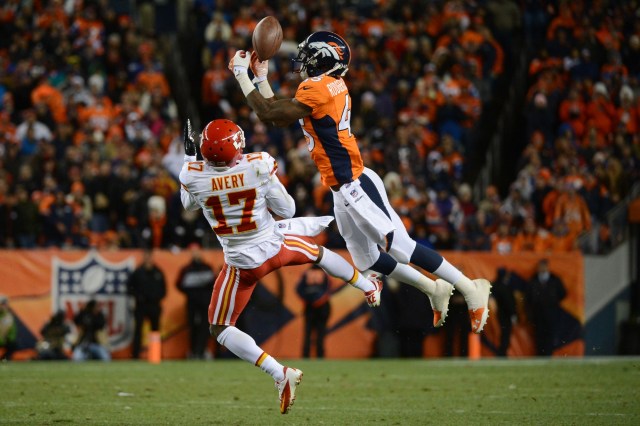 Denver Broncos cornerback Dominique Rodgers-Cromartie breaks up a pass intended for Kansas City Chiefs wide receiver Donnie Avery  at Sports Authority Field at Mile High. (Kyle Terada - USA TODAY Sports)