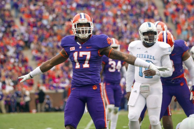 Clemson Tigers defensive back Bashaud Breeland celebrates after making a hit against the Citadel Bulldogs at Clemson Memorial Stadium. (Joshua S. Kelly - USA TODAY Sports)