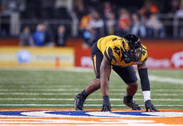 Missouri Tigers defensive lineman Kony Ealy lines up during the game against the Oklahoma State Cowboys in the 2014 Cotton Bowl at AT&T Stadium. (Kevin Jairaj-USA TODAY Sports)