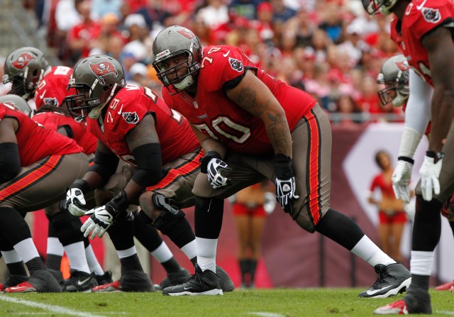 Tampa Bay Buccaneers tackle Donald Penn at the line of scrimmage against the San Francisco 49ers at Raymond James Stadium. (Kim Klement - USA TODAY Sports)