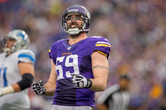 Minnesota Vikings defensive end Jared Allen reacts against the Detroit Lions at Mall of America Field at H.H.H. Metrodome. The Vikings win 14-13. (Bruce Kluckhohn - USA TODAY Sports)