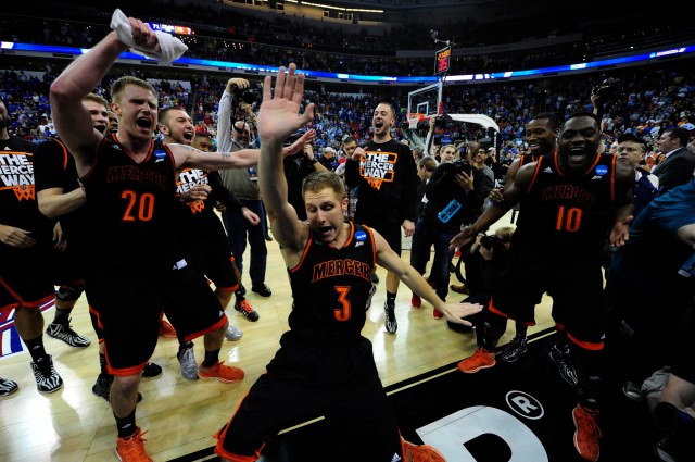 No. 14 seed Mercer celebrates after defeating Duke in the Round of 64. (Bob Donnan-USA TODAY Sports)