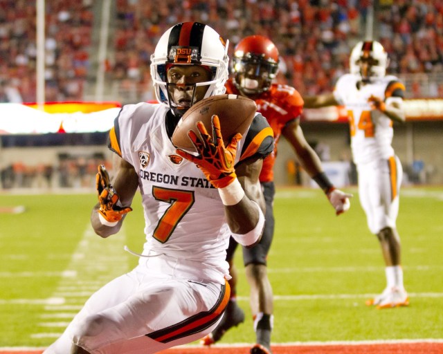 Oregon State Beavers wide receiver Brandin Cooks makes a game-winning touchdown reception against the Utah Utes at Rice-Eccles Stadium. (Russ Isabella - USA TODAY Sports)