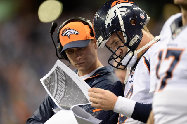 Adam Gase (left) and Peyton Manning (Ron Chenoy-USA TODAY Sports)