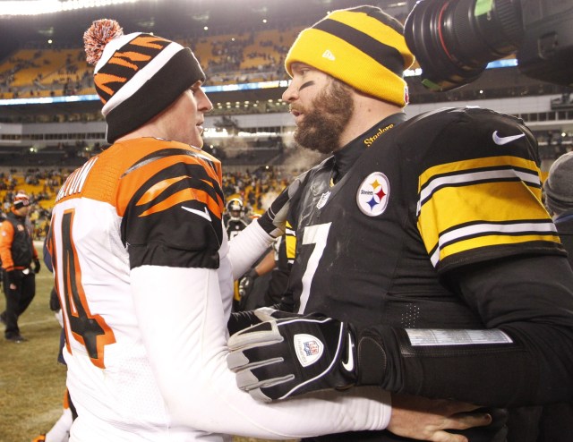 Cincinnati Bengals quarterback Andy Dalton and Pittsburgh Steelers quarterback Ben Roethlisberger shake hands after their game at Heinz Field. The Steelers won 30-20. (Charles LeClaire - USA TODAY Sports)