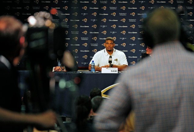 Michael Sam speaks at an introductory press conference in St. Louis. (Jeff Curry, USA TODAY Sports)