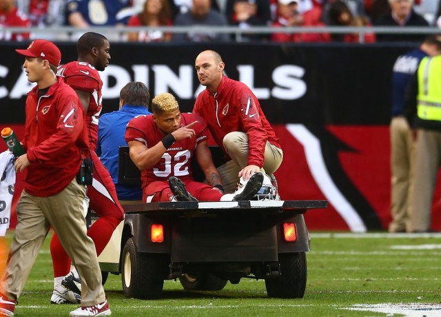 Arizona Cardinals player Tyrann Mathieu reacts as he is taken off the field after suffering an injury in the third quarter against the St. Louis Rams at University of Phoenix Stadium. (Mark J. Rebilas - USA TODAY Sports)