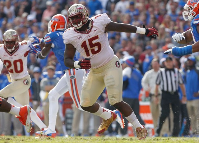 Florida State Seminoles defensive end Mario Edwards Jr. rushes against the Florida Gators during the second half at Ben Hill Griffin Stadium. (Kim Klement - USA TODAY Sports)