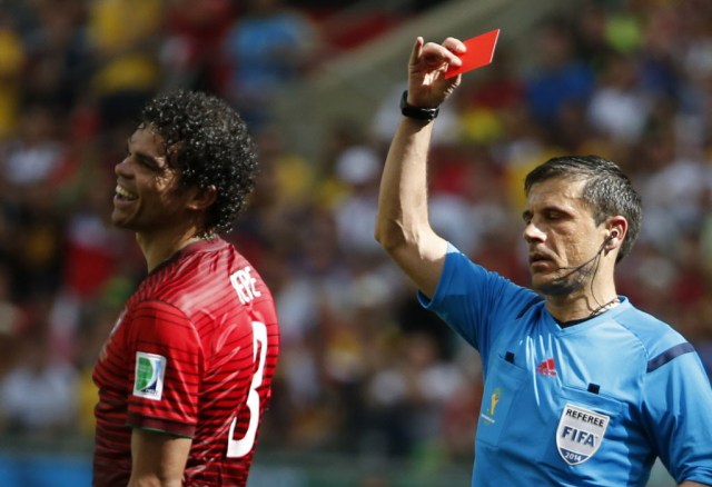 Portugal's Pepe is shown the red card. (Jorge Silva, REUTERS)