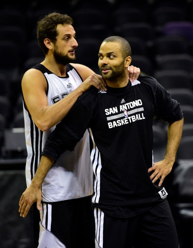 San Antonio Spurs guard Marco Belinelli (3) and guard Tony Parker (9) talk during practice before game one of the 2014 NBA Finals against the Miami Heat at the AT&T Center. (Bob Donnan, USA TODAY Sports)