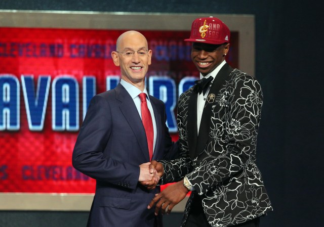 Andrew Wiggins shakes Commissioner Adam Silver's hand. (Brad Penner, USA TODAY Sports)
