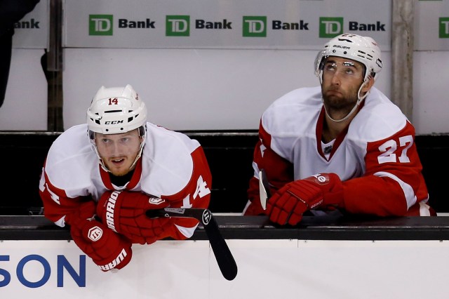Retaining Kyle Quincey, right, was the highlight of the day for the Red Wings. Which is not good. (Greg M. Cooper, USA TODAY Sports)