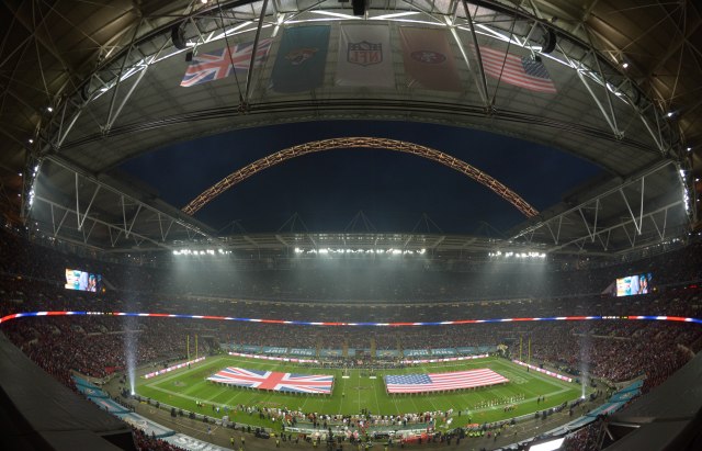 A general view of the British flag and the United States flag on the field during the playing of the national anthem prior to the NFL International Series game between the San Francisco 49ers and the Jacksonville Jaguars at Wembley Stadium. (Kirby Lee-USA TODAY Sports)
