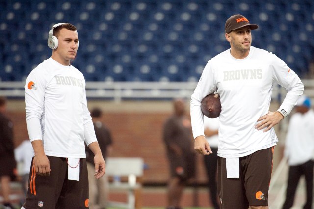 Browns quarterback Johnny Manziel (left) and quarterback Brian Hoyer (right) warm up before the game against the Detroit Lions. (Tim Fuller-USA TODAY Sports)