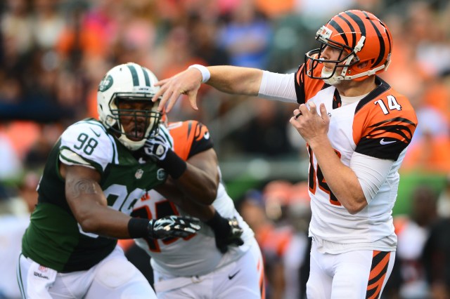Andy Dalton (14) throws the ball during the first quarter against the New York Jets. (Andrew Weber-USA TODAY Sports)