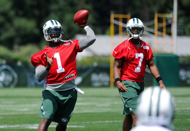 Michael Vick (left) will have to impress to overtake Geno Smith (right). (Rich Barnes, USA TODAY Sports)