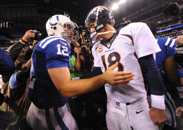 Andrew Luck (12) and Peyton Manning will meet for the second time Sunday night. (Matt Kryger/The Indianapolis Star)