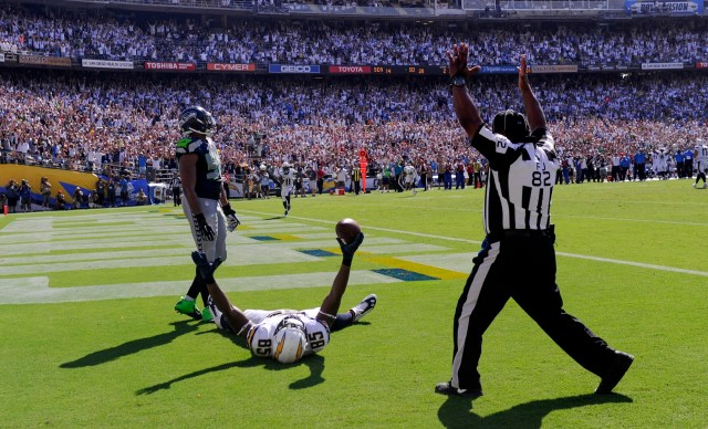 San Diego Chargers tight end Antonio Gates (85) celebrates scoring the second of his three touchdowns against the Seattle Seahawks. (Robert Hanashiro-USA TODAY Sports)