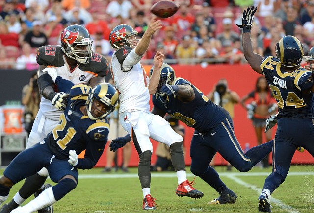 Tampa Bay Buccaneers quarterback Josh McCown (12) throws a pass against the St. Louis Rams. (Jonathan Dyer-USA TODAY Sports)