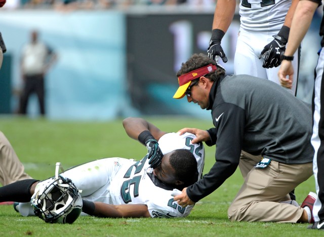LeSean McCoy reacts to a hard helmet-to-helmet hit Sunday. (Eric Hartline-USA TODAY Sports)