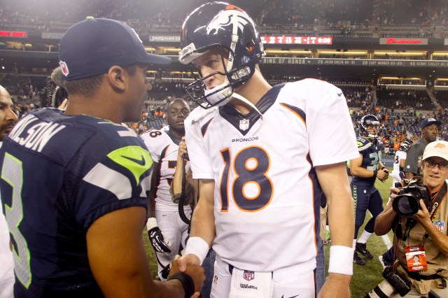 Broncos QB Peyton Manning hopes to even his record against Russell Wilson's Seahawks. (Joe Nicholson-USA TODAY Sports)