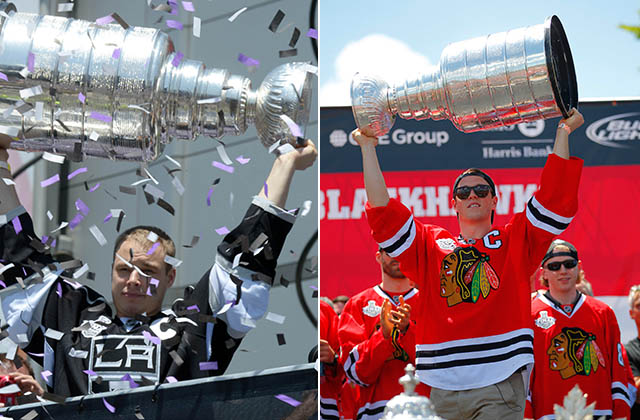 Dustin Brown (2014) and Jonathan Quick (2013) lift the Cup (USA TODAY Sports photos)