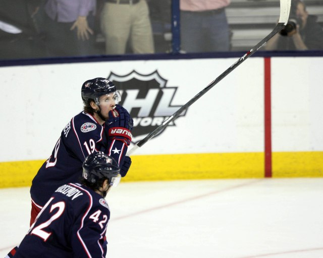 Ryan Johansen (back) watches the big sreen during last season's playoffs. (Charles LeClaire, USA TODAY Sports)